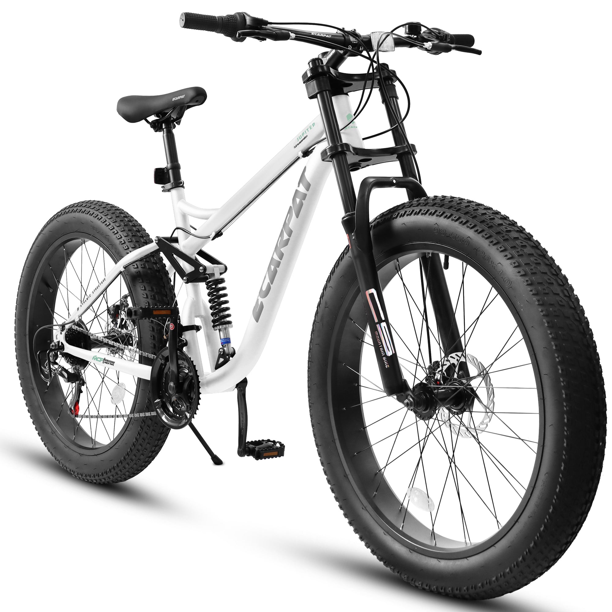 A26309 26 inch Mountain Bike,Full-Suspension 21 Speeds Drivetrain with Disc-Brake MTB Bicycle, 26*4' Fat tire Bike for Men white