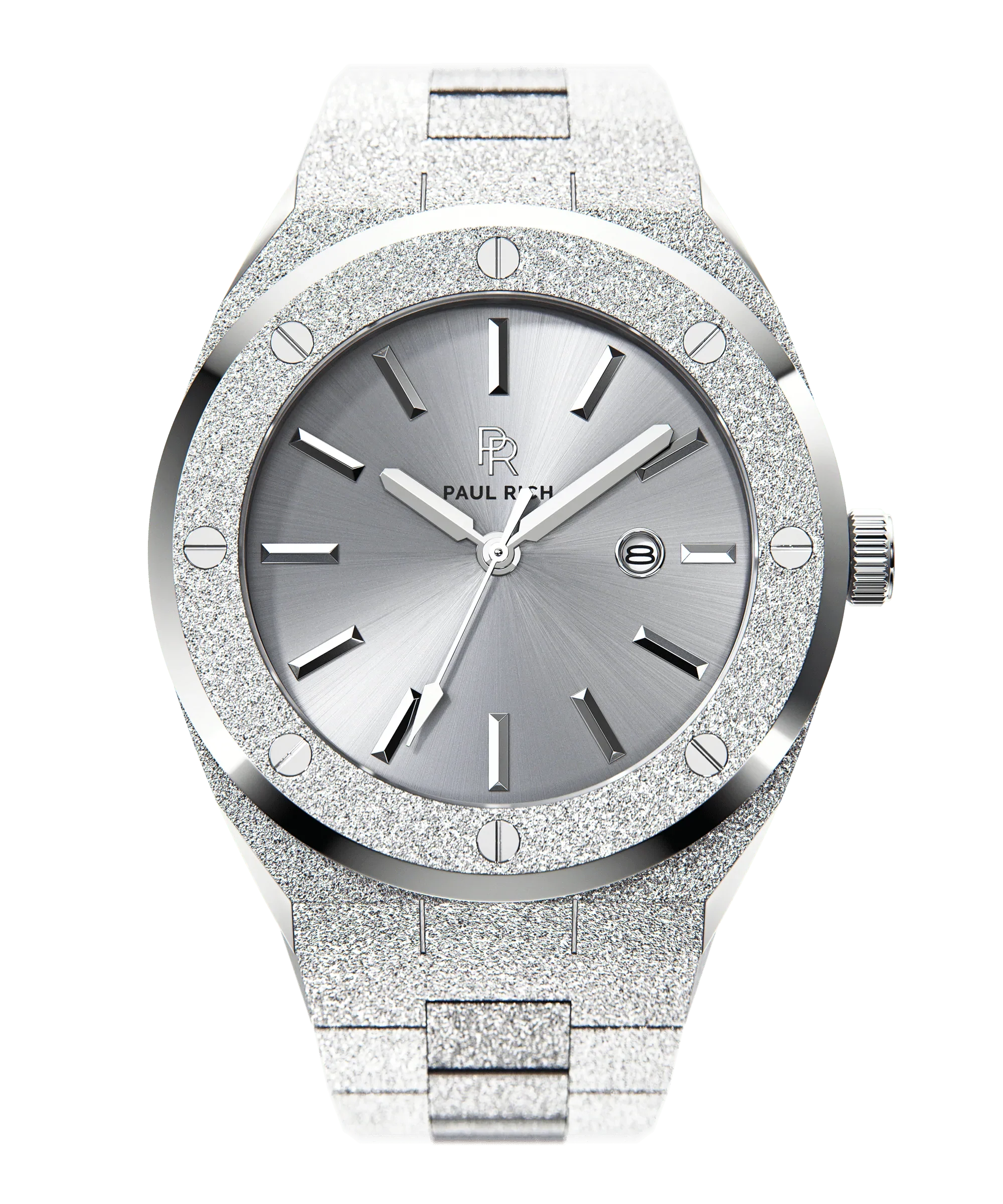 Front view of Paul Rich frosted silver watch with metallic silver sunray dial, date window, and polished silver hour markers.