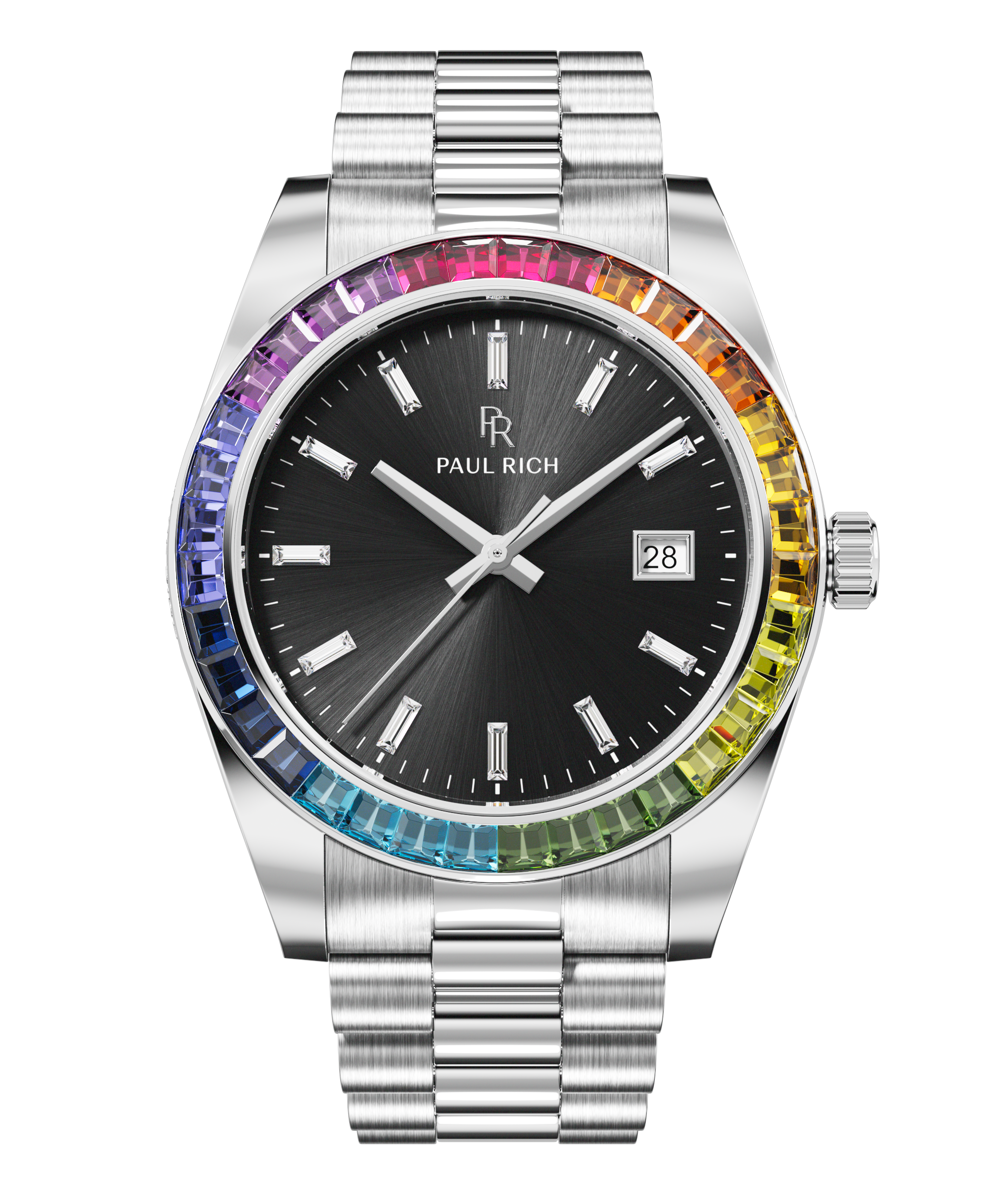 Silver wristwatch with a black sunburst dial, baguette hour markers, and a rainbow bezel shown on a transparent background.
