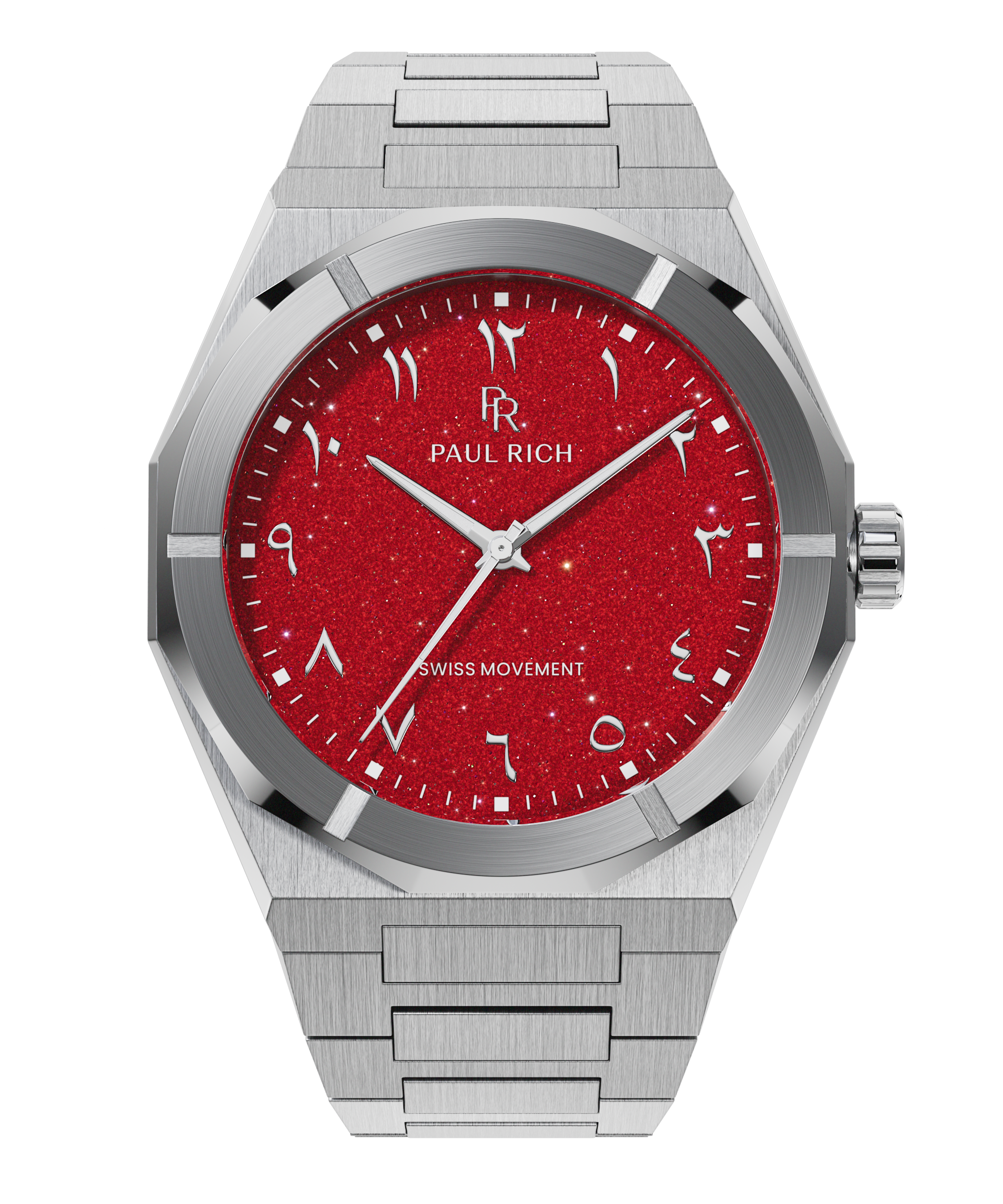 Paul Rich watch with brushed silver case and bracelet, featuring a red sparkling dial with Arabic numerals and silver hands.
