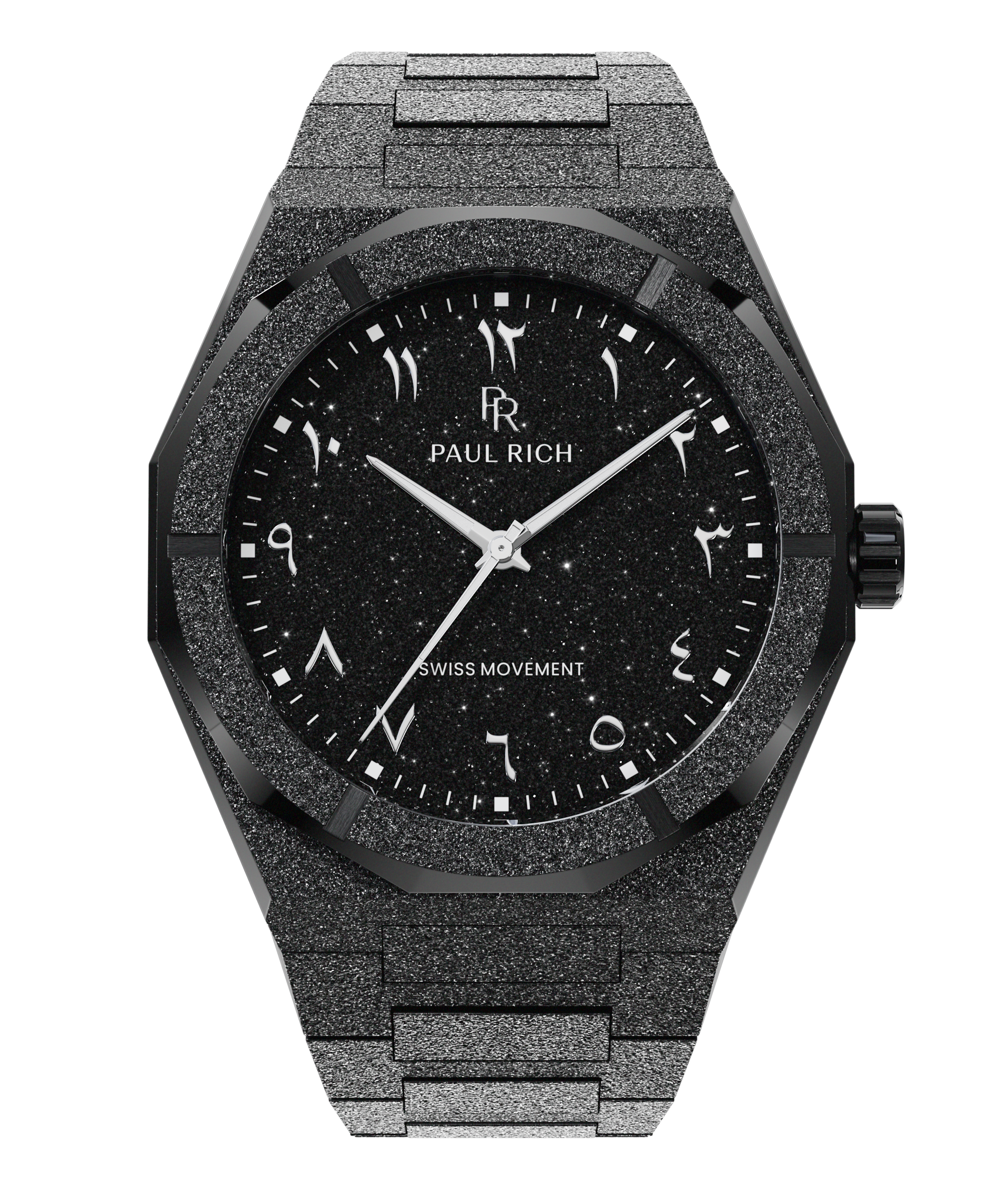 Paul Rich black frosted watch with black aventurine dial, silver Eastern Arabic numerals, and Swiss movement.