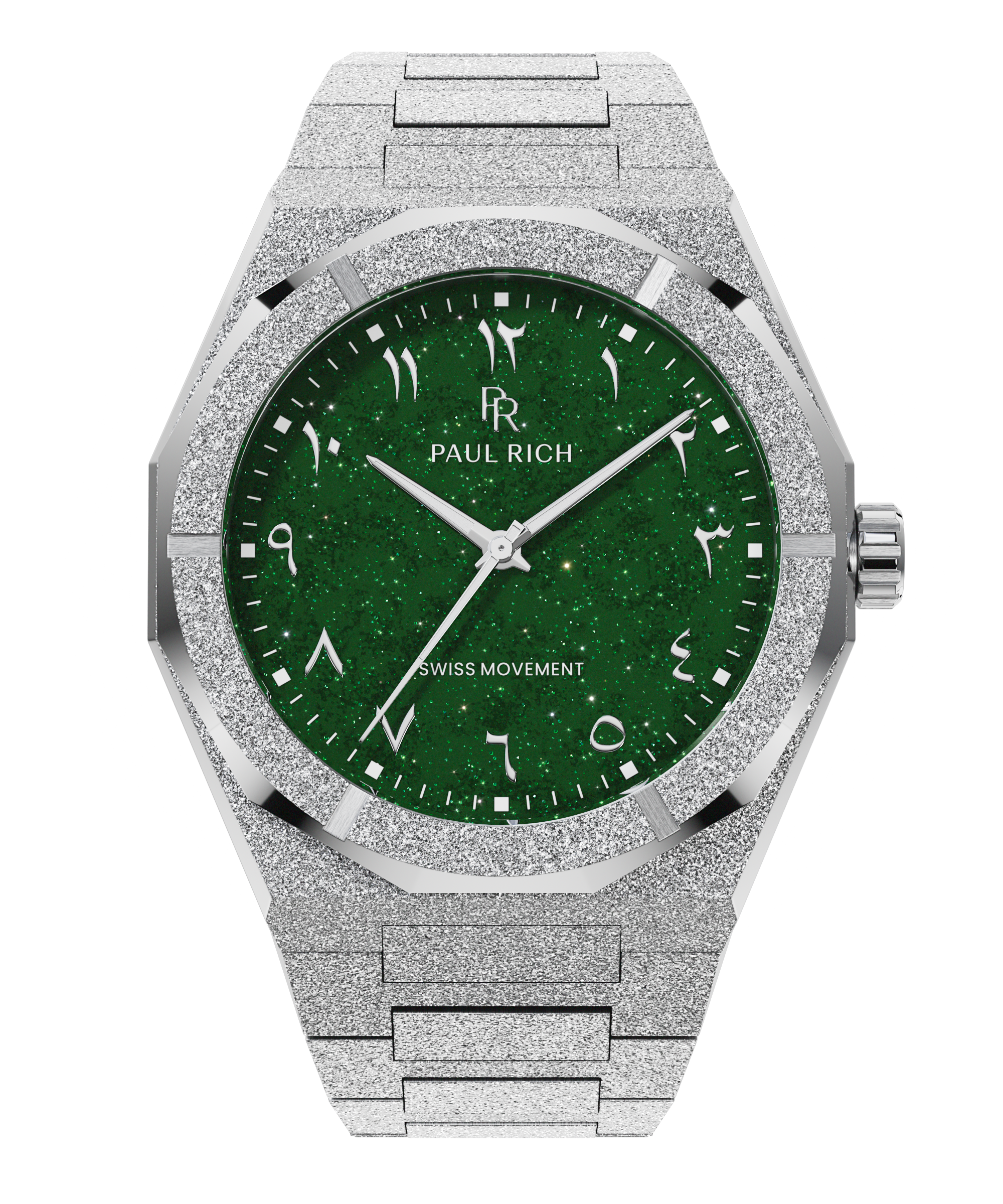 Paul Rich watch with frosted silver case and bracelet, featuring a green aventurine dial with Arabic numerals and silver hands.