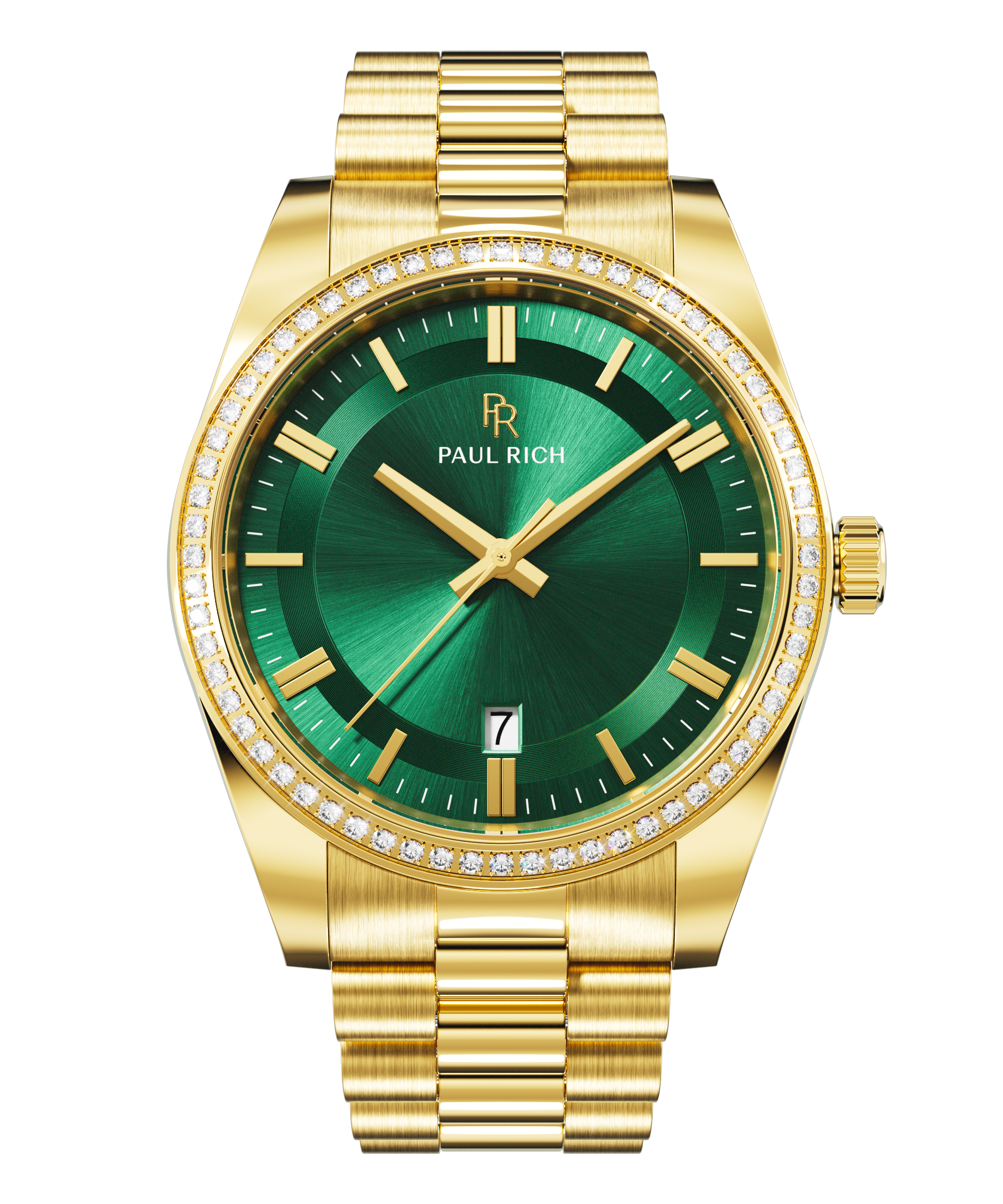Front view of a gold-tone Paul Rich watch with a green sunray dial, diamond-set bezel, gold hour markers and hands, date display at 6 o'clock, and gold link bracelet.