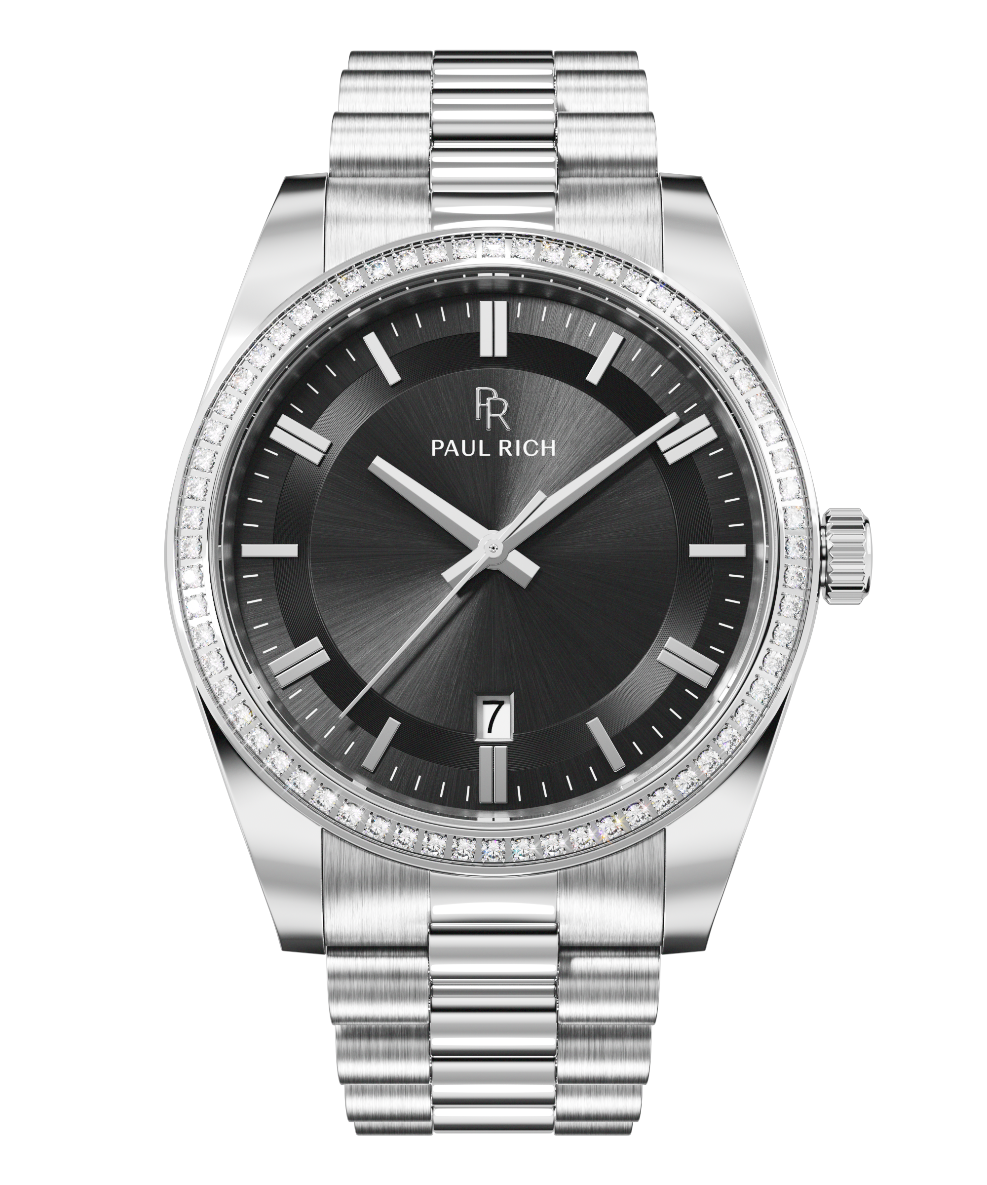 Front view of a silver-tone Paul Rich watch with black sunray dial, diamond-set bezel, silver hour markers and hands, date display at 6 o'clock, and silver link bracelet.