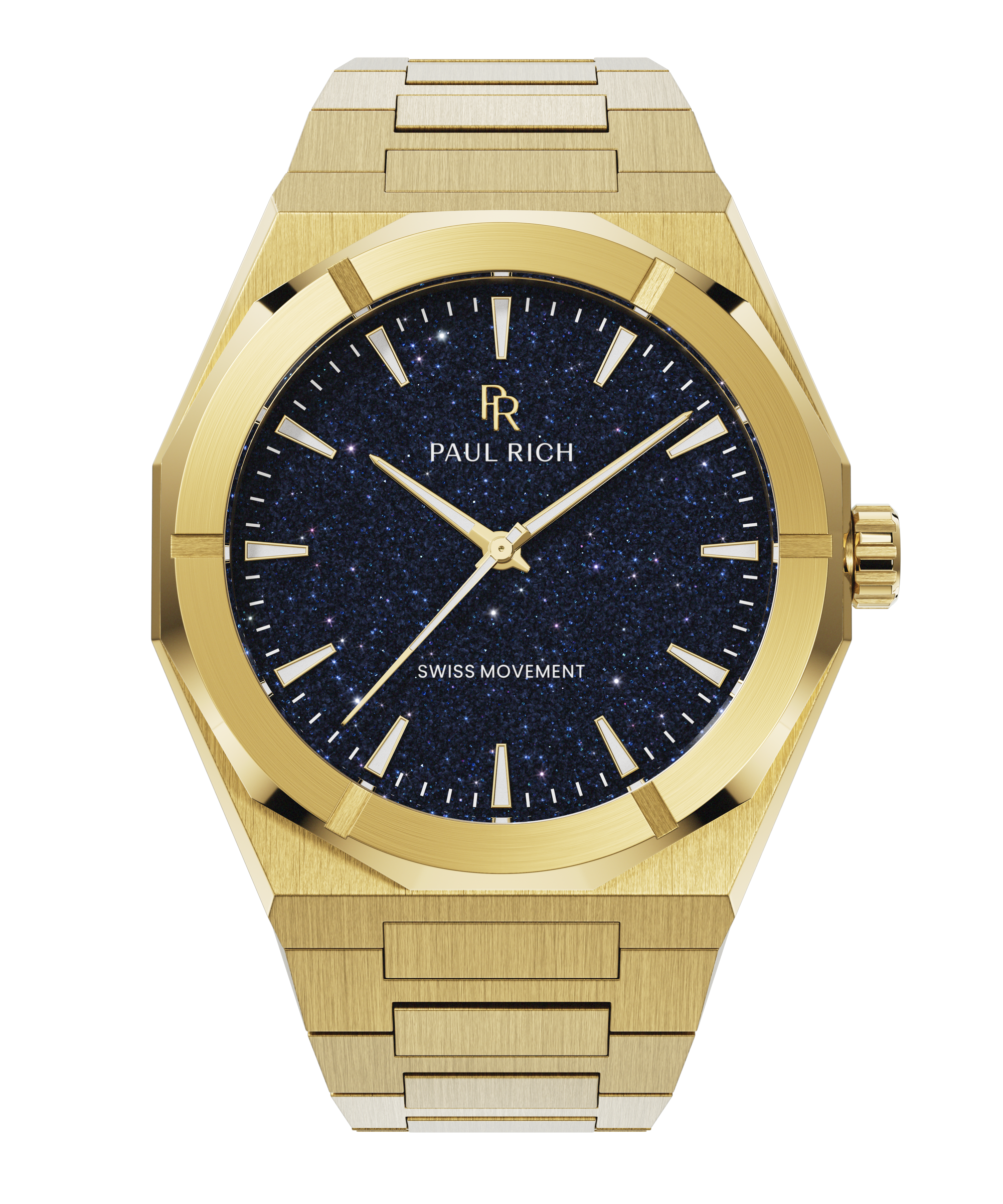 Gold Paul Rich watch with a deep blue aventurine dial, shown on a transparent background with brushed gold case and bracelet.