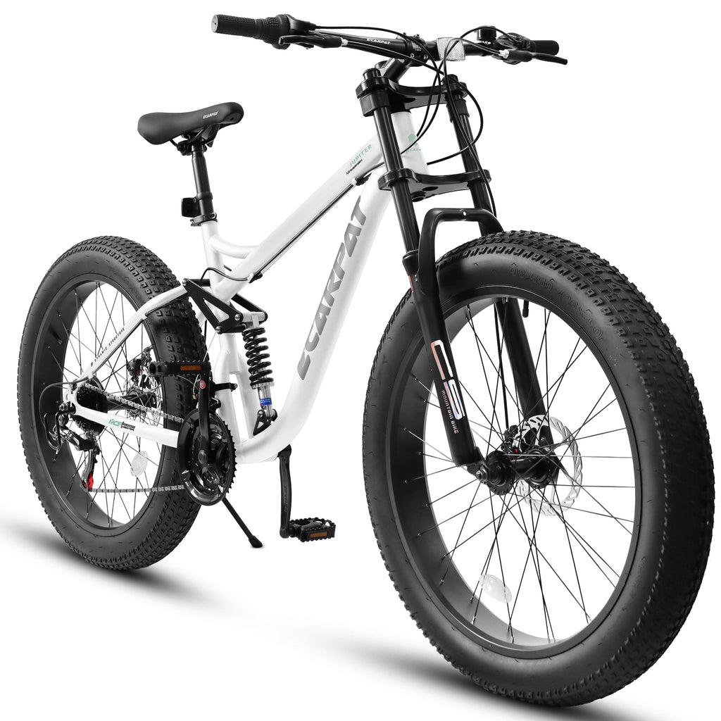 A26309 26 inch Mountain Bike,Full-Suspension 21 Speeds Drivetrain with Disc-Brake MTB Bicycle, 26*4' Fat tire Bike for Men white