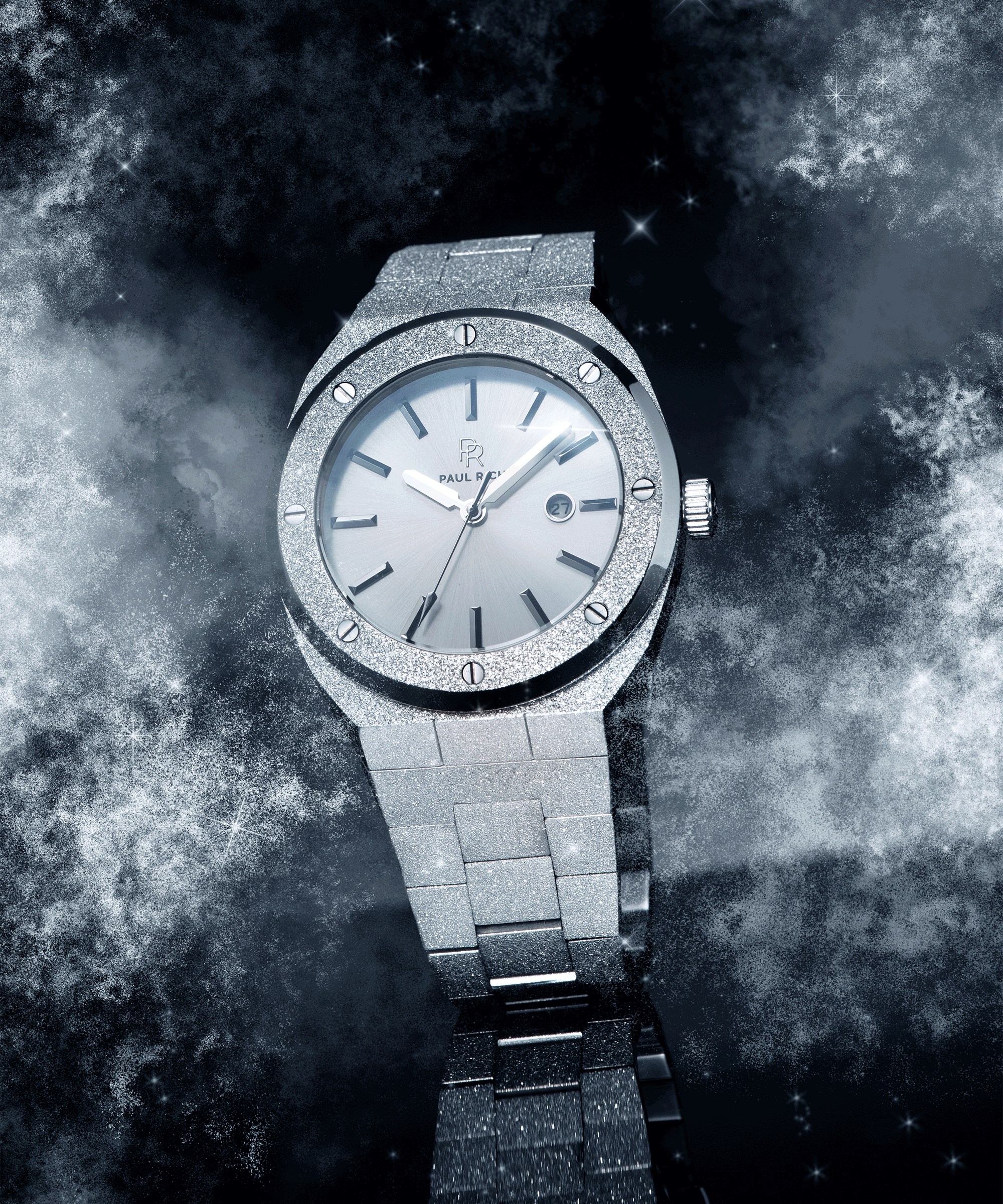 Paul Rich frosted silver watch with metallic dial and date window, shown at an angle against a cosmic background of stars and mist.