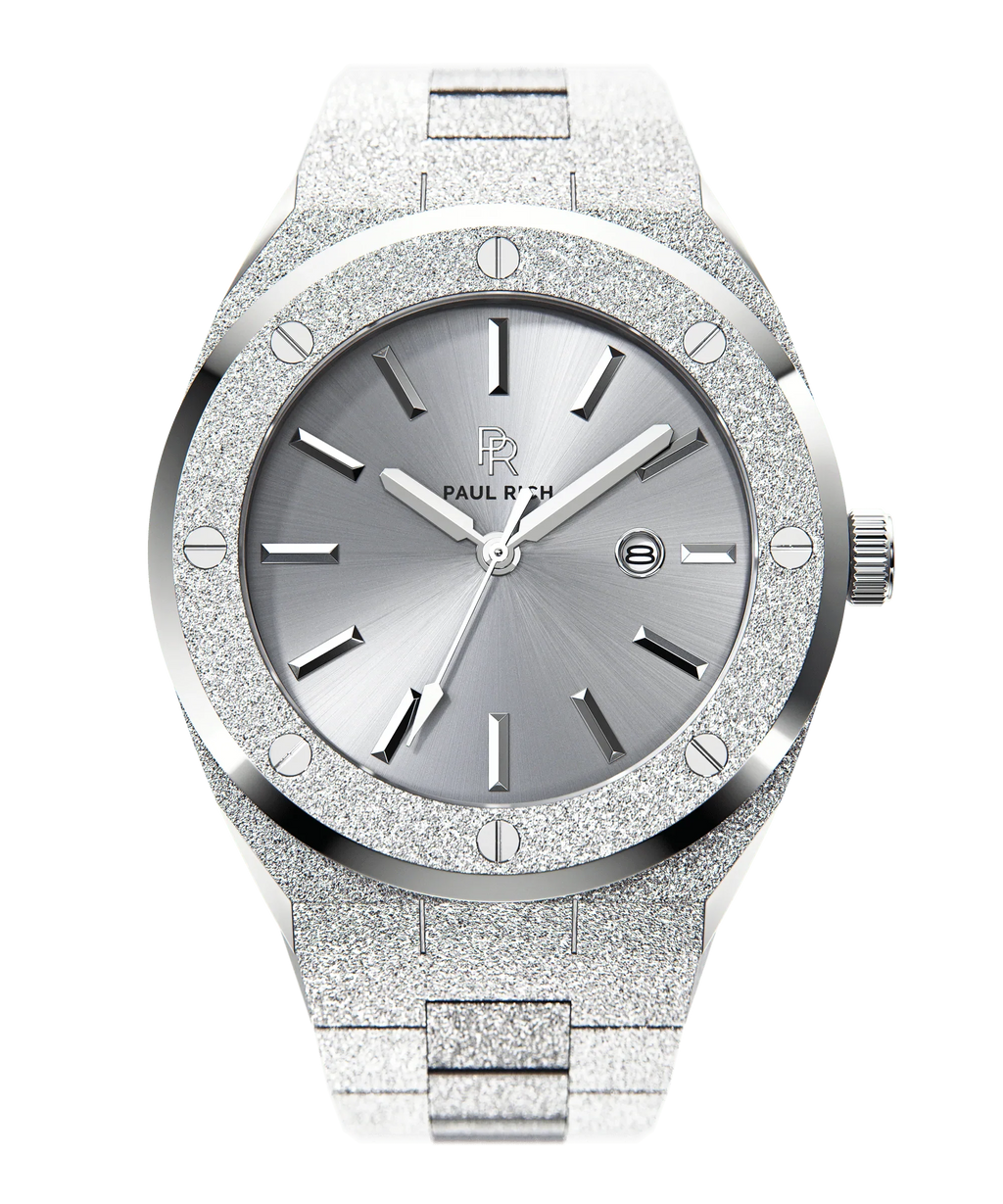 Front view of Paul Rich frosted silver watch with metallic silver sunray dial, date window, and polished silver hour markers.