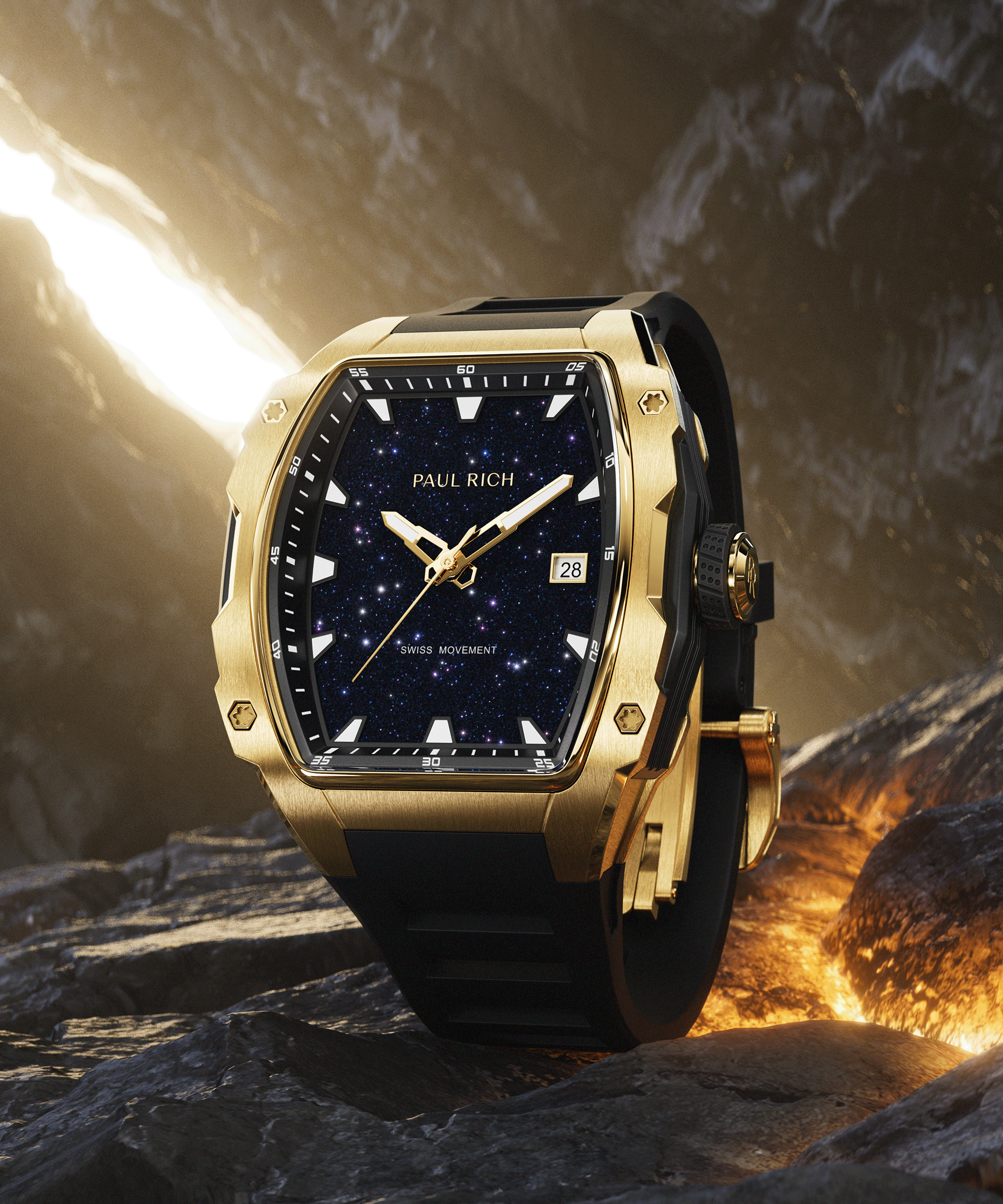Paul Rich gold-tonneau watch with blue aventurine dial, gold-tone hands, and black strap displayed on dark rocks with glowing lava.