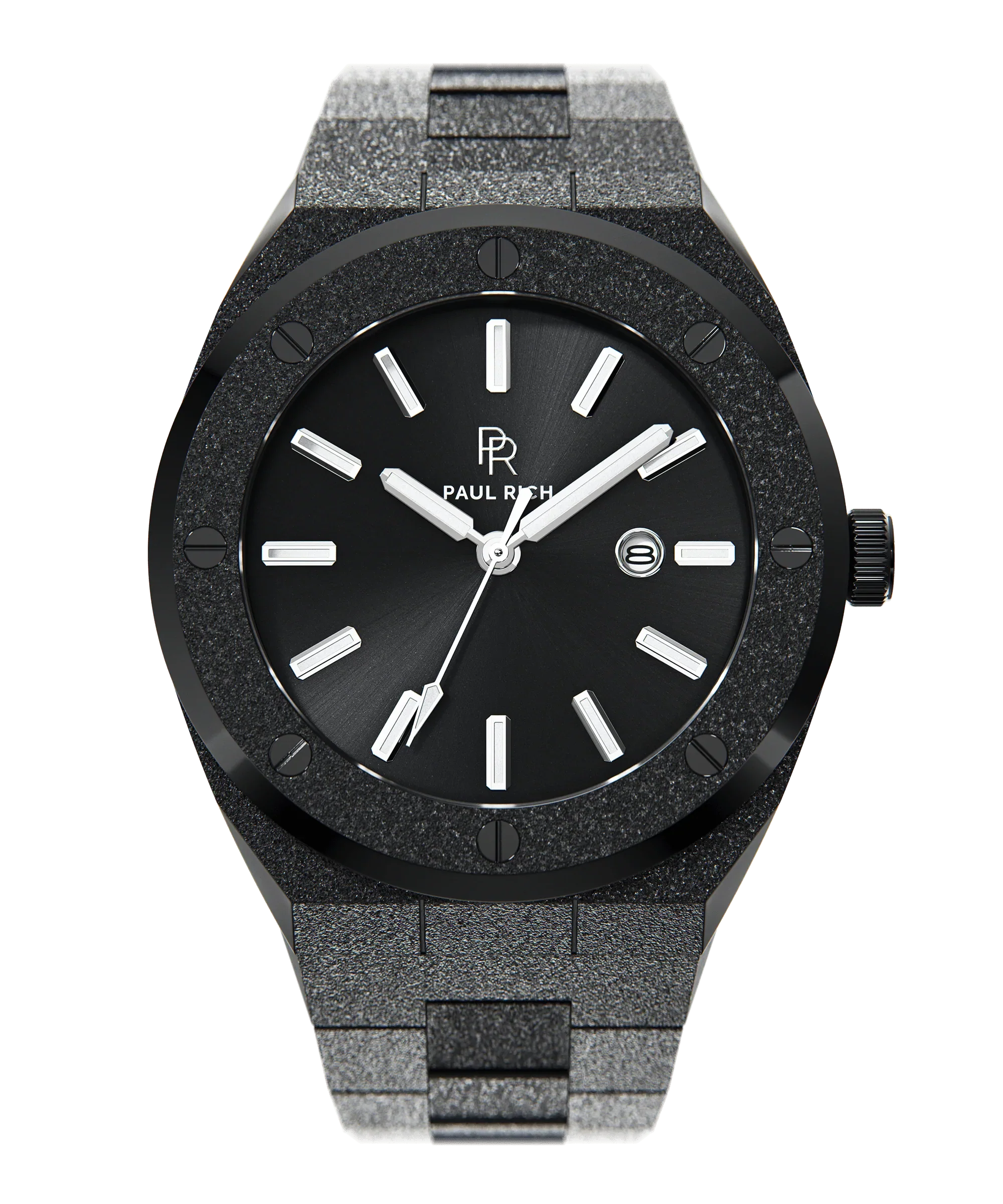 Front view of Paul Rich frosted black watch with sunray black dial, silver markers, and date window, shown on transparent background.