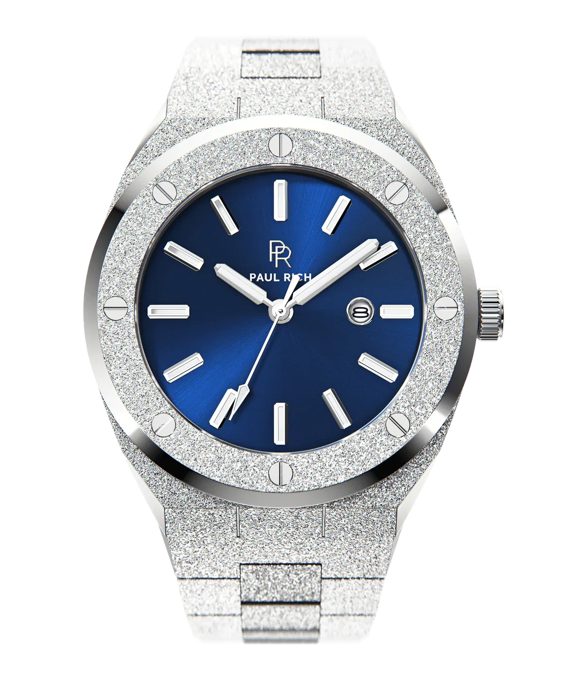 Front view of Paul Rich frosted silver watch with metallic blue sunray dial, silver markers, and date window, on transparent background.