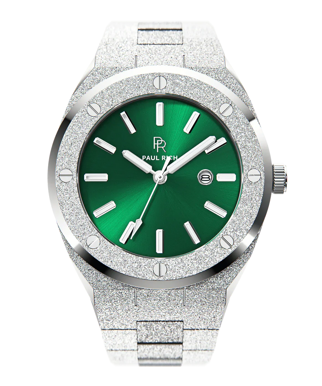 ChatGPT said:
Paul Rich watch with round frosted silver case and bracelet, metallic green sunray dial, silver hour markers, and date window, shown on transparent background.