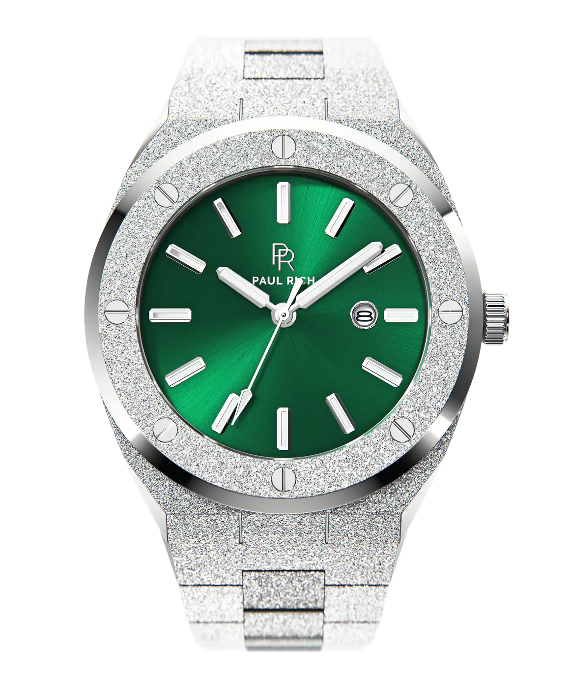 ChatGPT said:
Paul Rich watch with round frosted silver case and bracelet, metallic green sunray dial, silver hour markers, and date window, shown on transparent background.