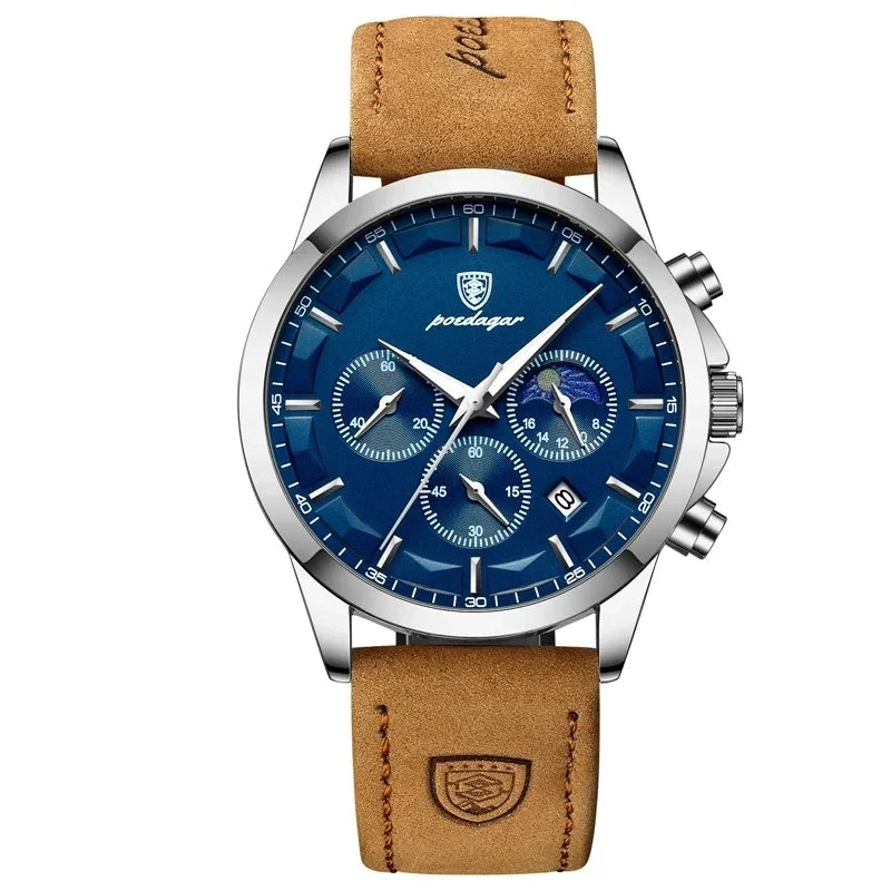 POEDAGAR 928 Men Multifunction Waterproof Watch Chronograph Stainless Steel Case Leather Strap Man Business Sport Quartz Watches