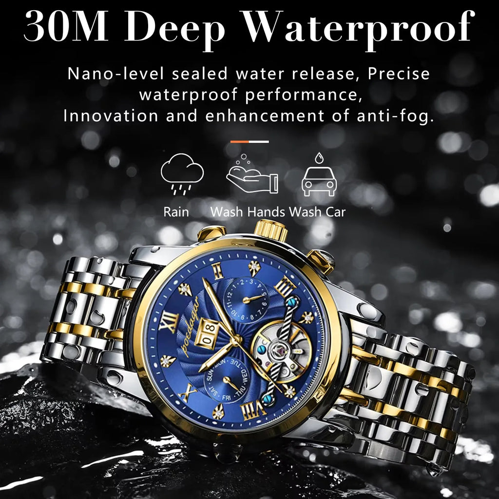 POEDAGAR 1408 Automatic Tourbillon Business Watch Luxury Hollow Waterproof Stainless Steel Men Mechanical Watches Gold Blue