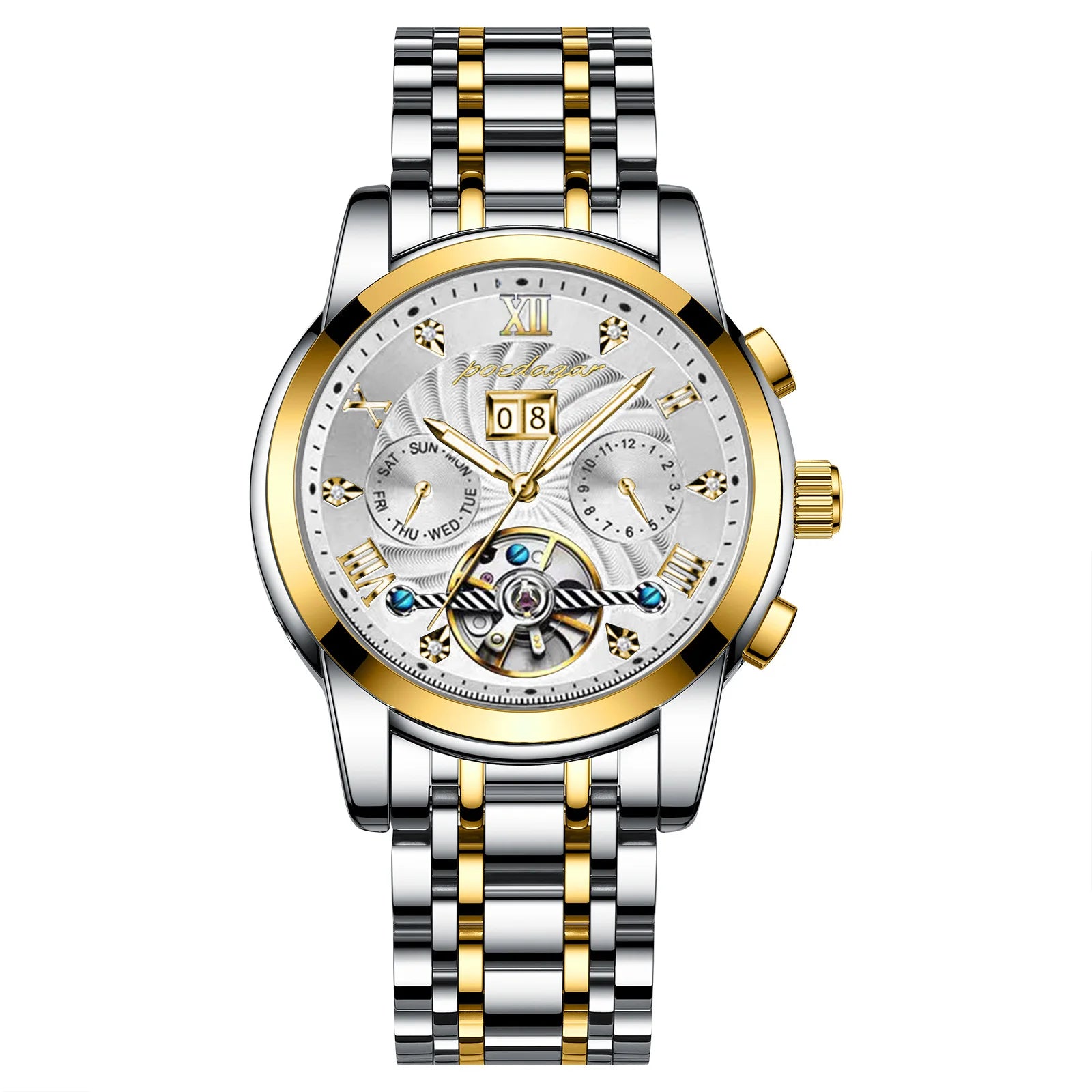 POEDAGAR 1408 Automatic Tourbillon Business Watch Luxury Hollow Waterproof Stainless Steel Men Mechanical Watches Gold Blue