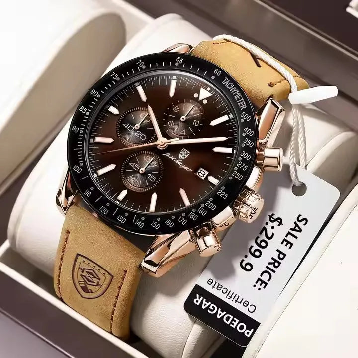 POEDAGAR 988 Top Band Men Watch Waterproof Luminous Date Chronograph Quartz Wristwatch High Quality Sport Leather Man Watches