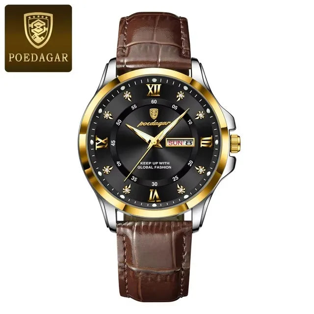 POEDAGAR 855 Watches Men Brown Genuine Leather Quartz Movement New Arrival Waterproof Luminous Casual Business Luxury Wristwatch