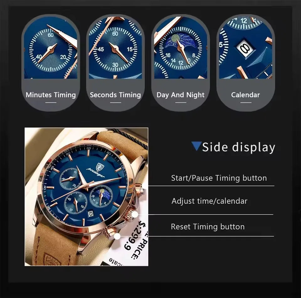 POEDAGAR 928 Men Multifunction Waterproof Watch Chronograph Stainless Steel Case Leather Strap Man Business Sport Quartz Watches
