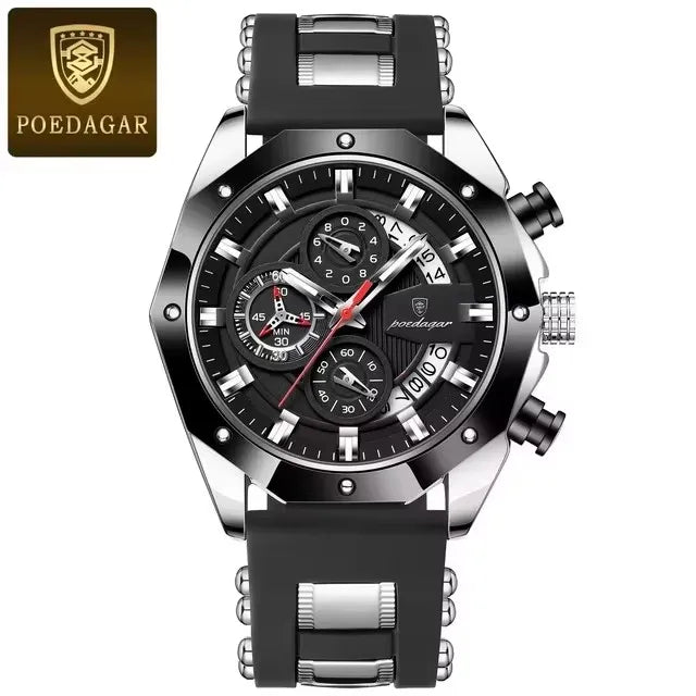 POEDAGAR 913 Men Night Light Watch Waterproof Luminous Sport Business Chronograph Blue Silicone Strap Japan Quartz Men's Watches
