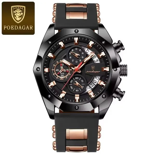 POEDAGAR 913 Men Night Light Watch Waterproof Luminous Sport Business Chronograph Blue Silicone Strap Japan Quartz Men's Watches