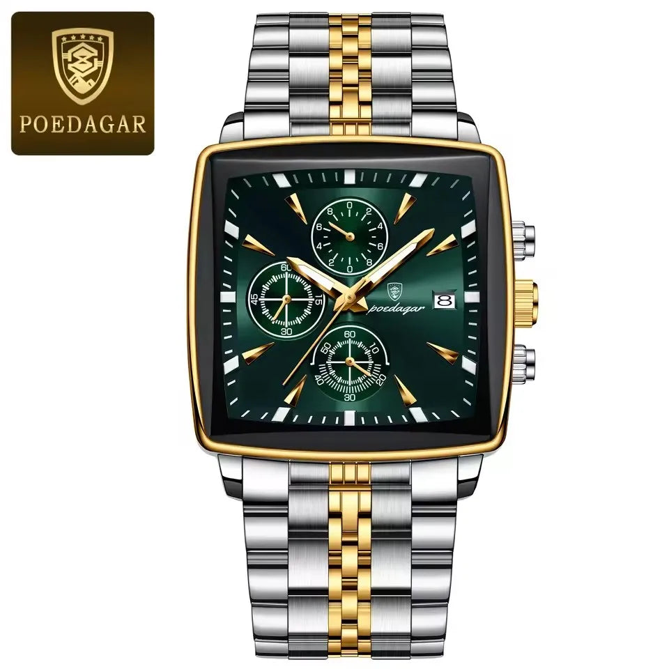 POEDAGAR New Business Men Clock Waterproof Luminous Calendar Chronograph Square Watch Stainless Steel Quartz Men's Watches 866