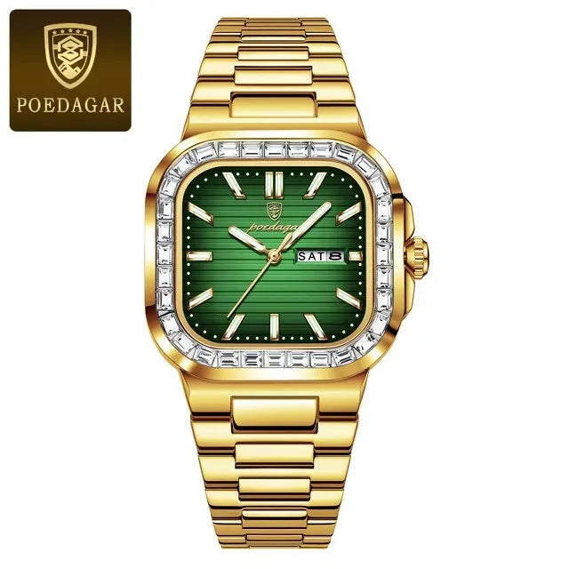 POEDAGAR 975 Luxury Square Watch for Men Waterproof Luminous Date Week Man Watch Stainless Steel Fashion Quartz Men's Watches