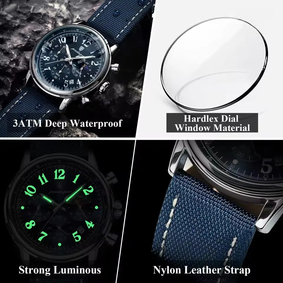 POEDAGAR 808 New Luxury Sports Men Watch Waterproof Luminous Chronograph Nylon Leather Date Man Wristwatch Quartz Men's Watches