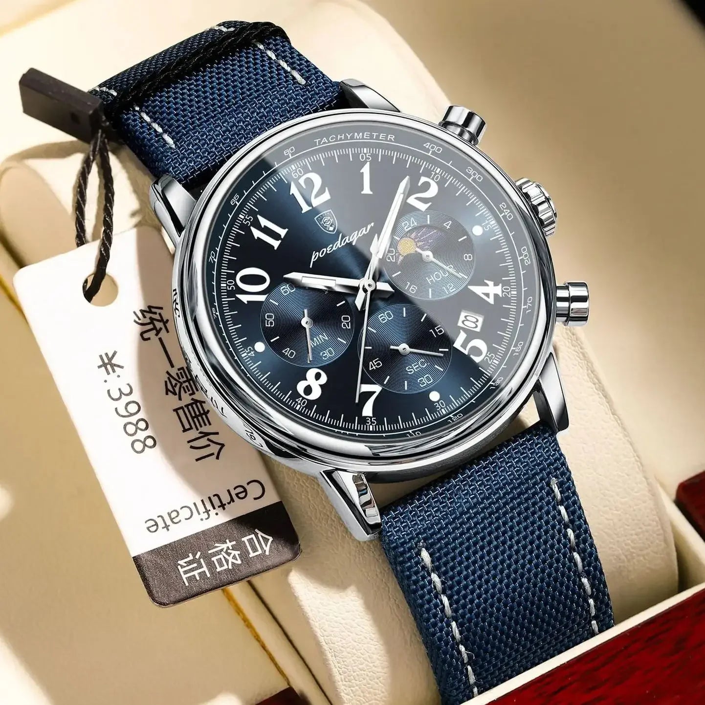 POEDAGAR Men Watches 808 Luxury Band Classics Quartz Watch Man Leather Strap Date Waterproof Chronograph Moon Phase Hand Clock