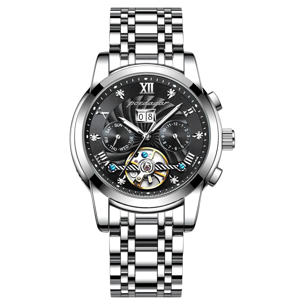 POEDAGAR 1408 Automatic Tourbillon Business Watch Luxury Hollow Waterproof Stainless Steel Men Mechanical Watches Gold Blue