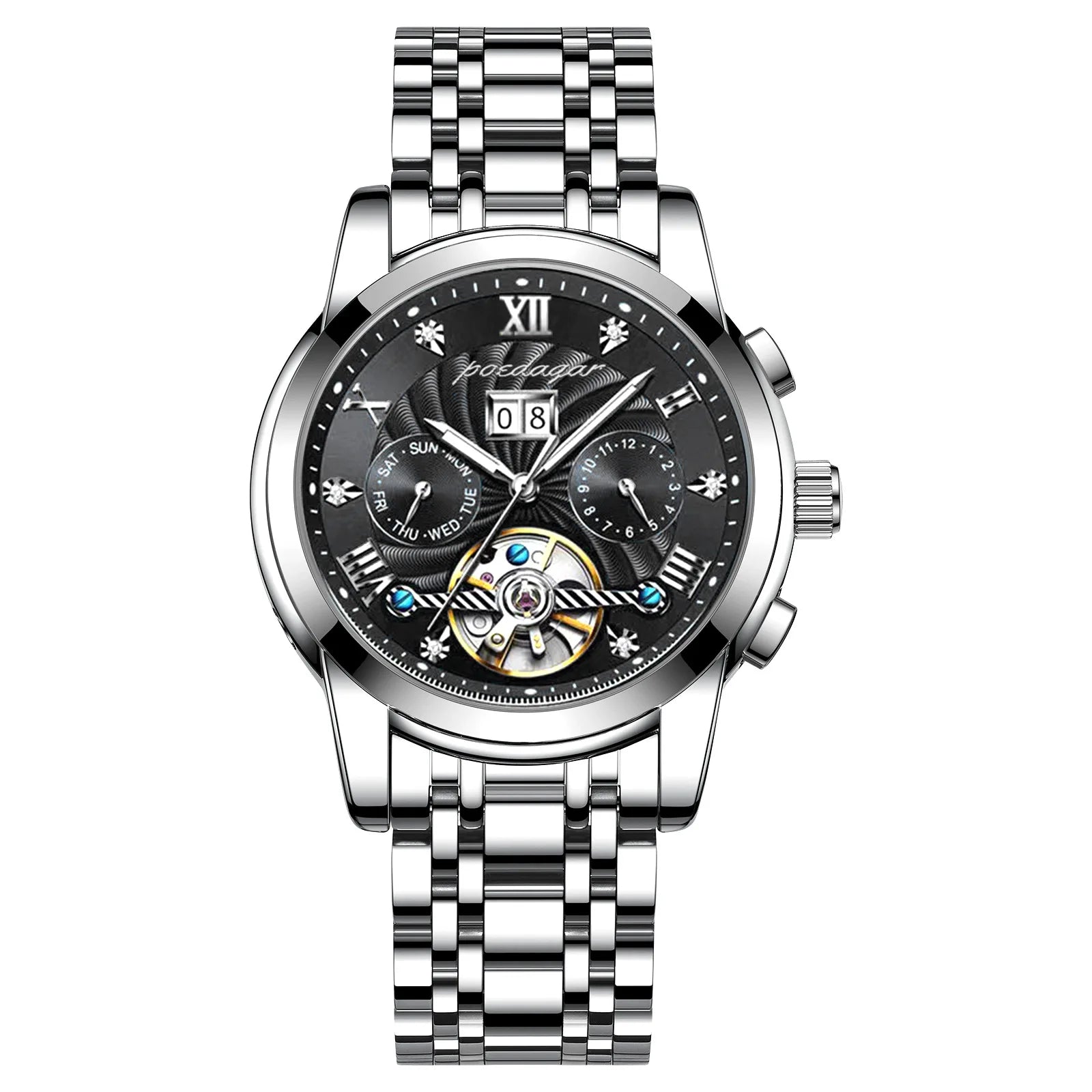 POEDAGAR 1408 Automatic Tourbillon Business Watch Luxury Hollow Waterproof Stainless Steel Men Mechanical Watches Gold Blue