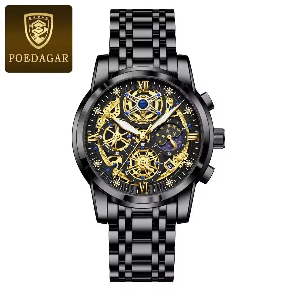 POEDAGAR 984 Top Brand Business Stainless Steel Belt Fashion Men's Watch 30M Deep Waterproof Auto Date Japan Quartz Male Watches