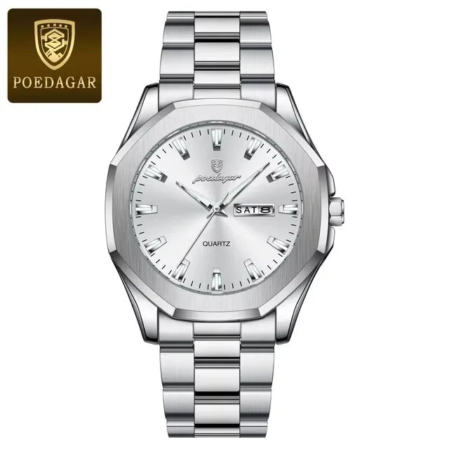POEDAGAR 875 Date Display Stainless Steel Quartz Men's Luxury Original Mens Watches Waterproof Luminous Chronograph Wristwatches