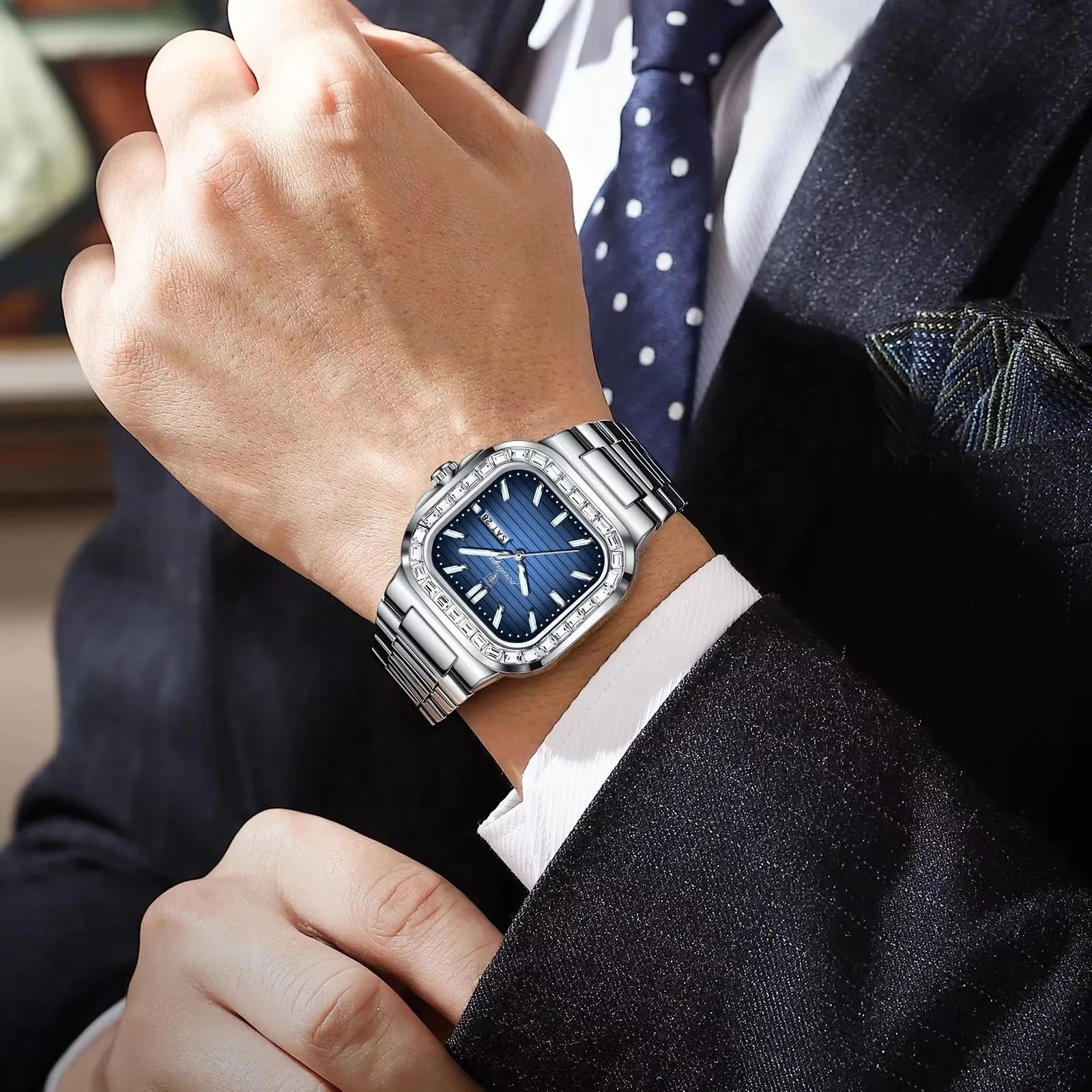 POEDAGAR Men Watch 975 Waterproof Luminous Date Sport Man Wristwatch Silver Blue Stainless Steel Diamond Quartz Men's Watches