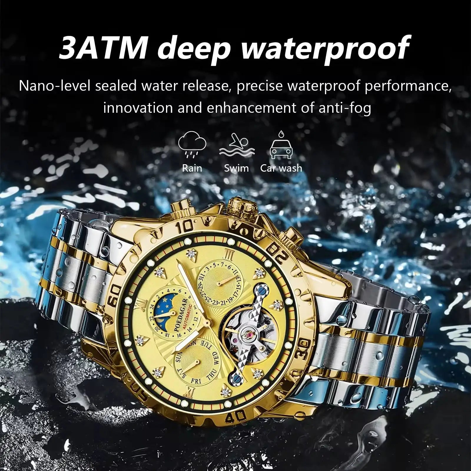 POEDAGAR 1412 Men's Mechanical Watch Tourbillon Gold Stainless Steel Band Luminous Moon Phase Day Function Water Shock Resistant