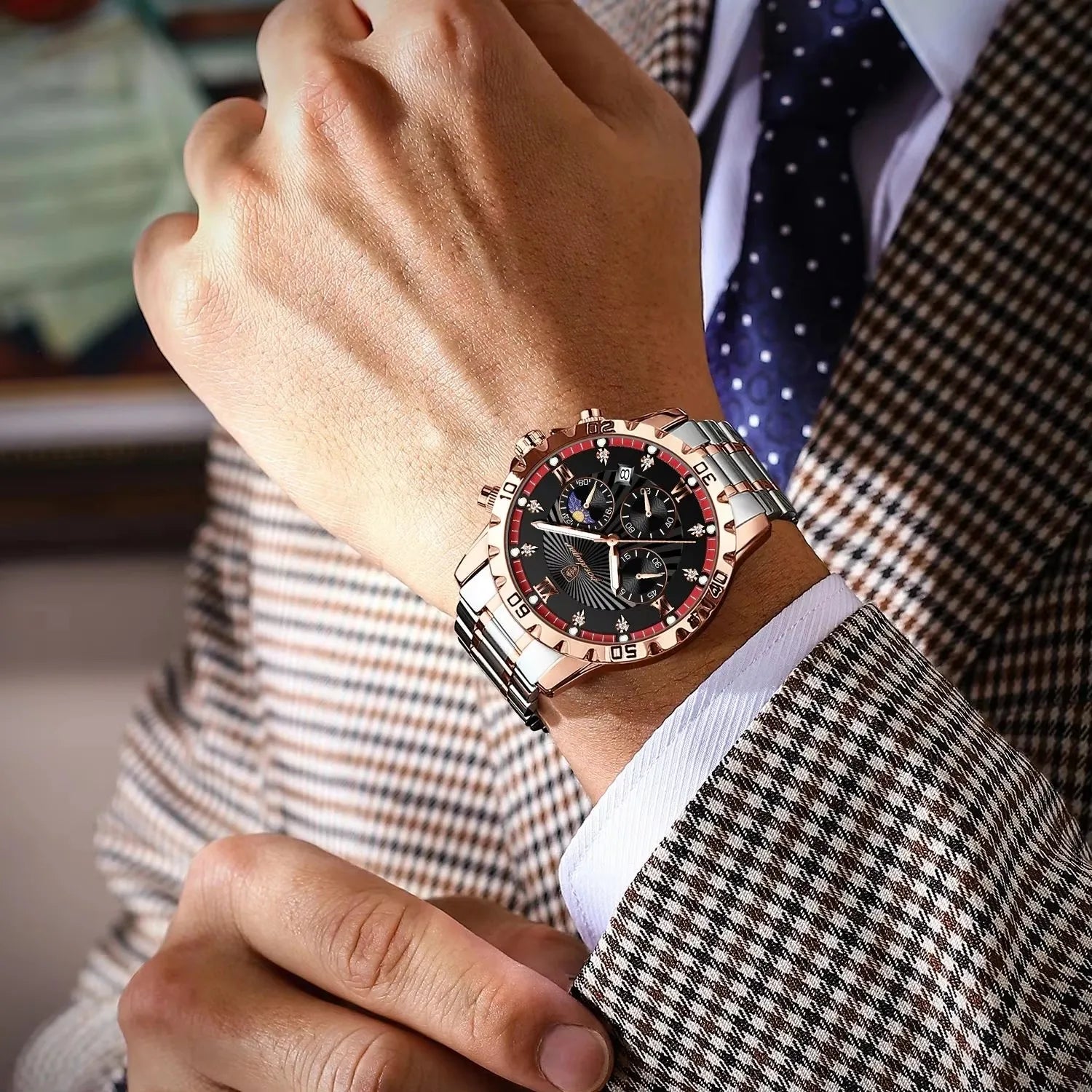 POEDAGAR 965 Diamonds Dial Watch Men Waterproof Luminous Chronograph Date Man Wristwatch Stainless Steel Quartz Men's Watches