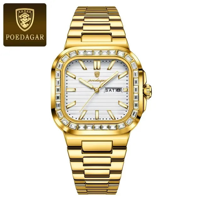 POEDAGAR 975 Luxury Square Watch for Men Waterproof Luminous Date Week Man Watch Stainless Steel Fashion Quartz Men's Watches