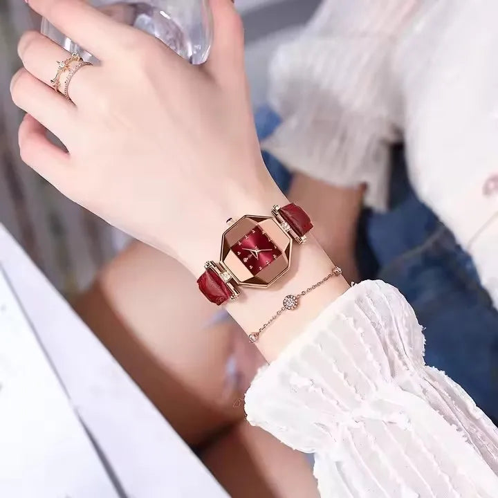 POEDAGAR 368 Red Small Quartz Watch for Women Hot Sale Fashion Leather Band Diamond Dial Square Wristwatch Luxury Female Watches