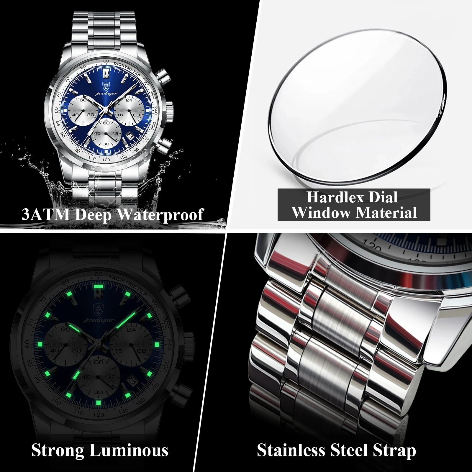 POEDAGAR Luxury Sport Men's Wristwatch 921 Waterproof Luminous Chronograph Quartz 42mm Oval Stainless Steel Fashionable Reloj