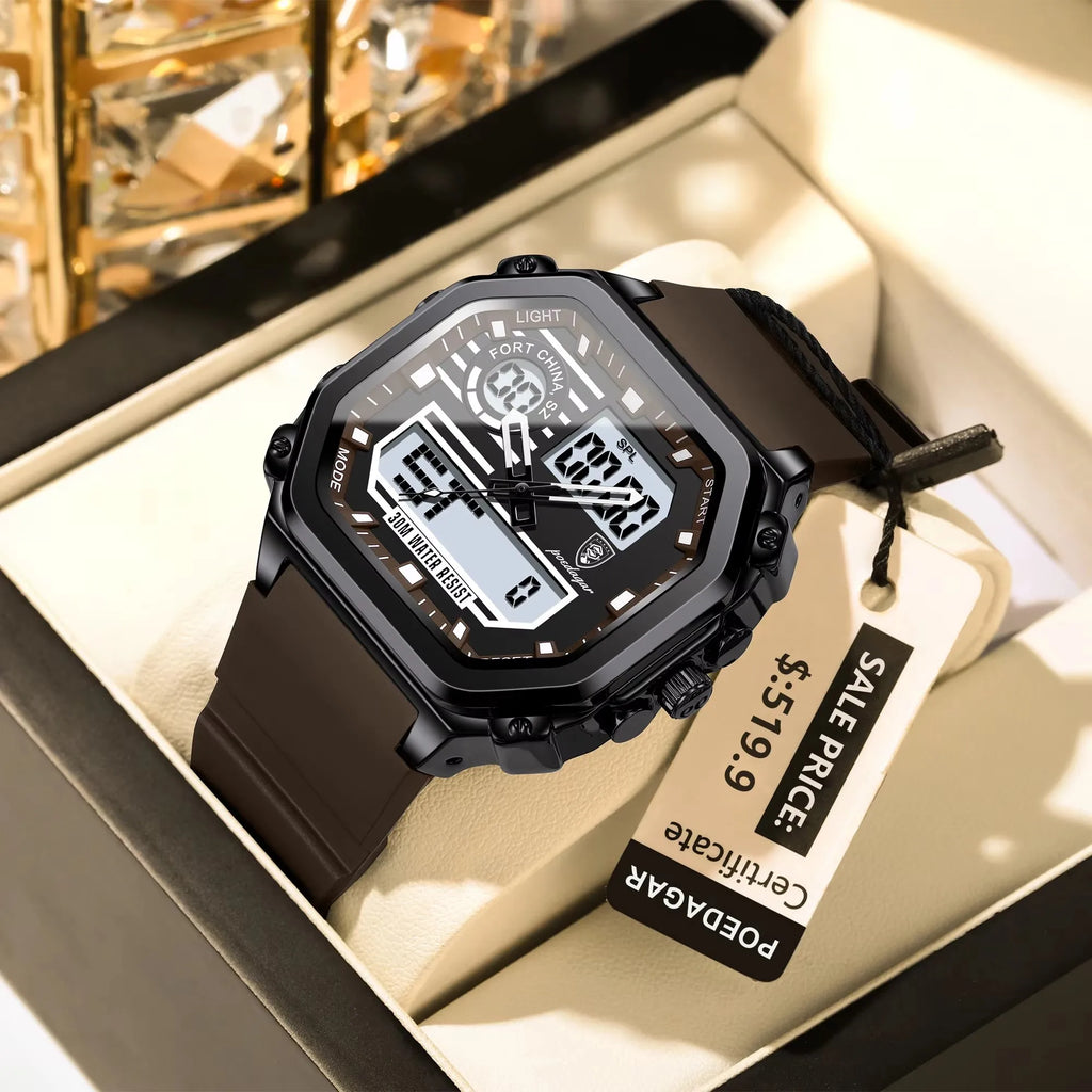 POEDAGAR 993 Silicone Strap Electronic Quartz Men's Watches Sports LED Men Watch Waterproof Luminous Week Date Square Wristwatch