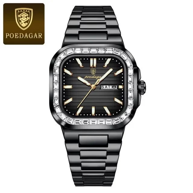 POEDAGAR 975 Luxury Square Watch for Men Waterproof Luminous Date Week Man Watch Stainless Steel Fashion Quartz Men's Watches