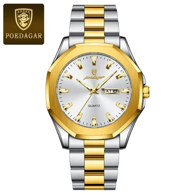 POEDAGAR 875 Date Display Stainless Steel Quartz Men's Luxury Original Mens Watches Waterproof Luminous Chronograph Wristwatches