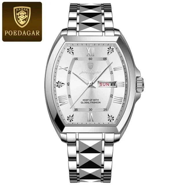 POEDAGAR Square Gold Quartz Watches Business Double Calendar Luxury Watch for Men Stainless Steel Waterproof Clock New Hot Sale