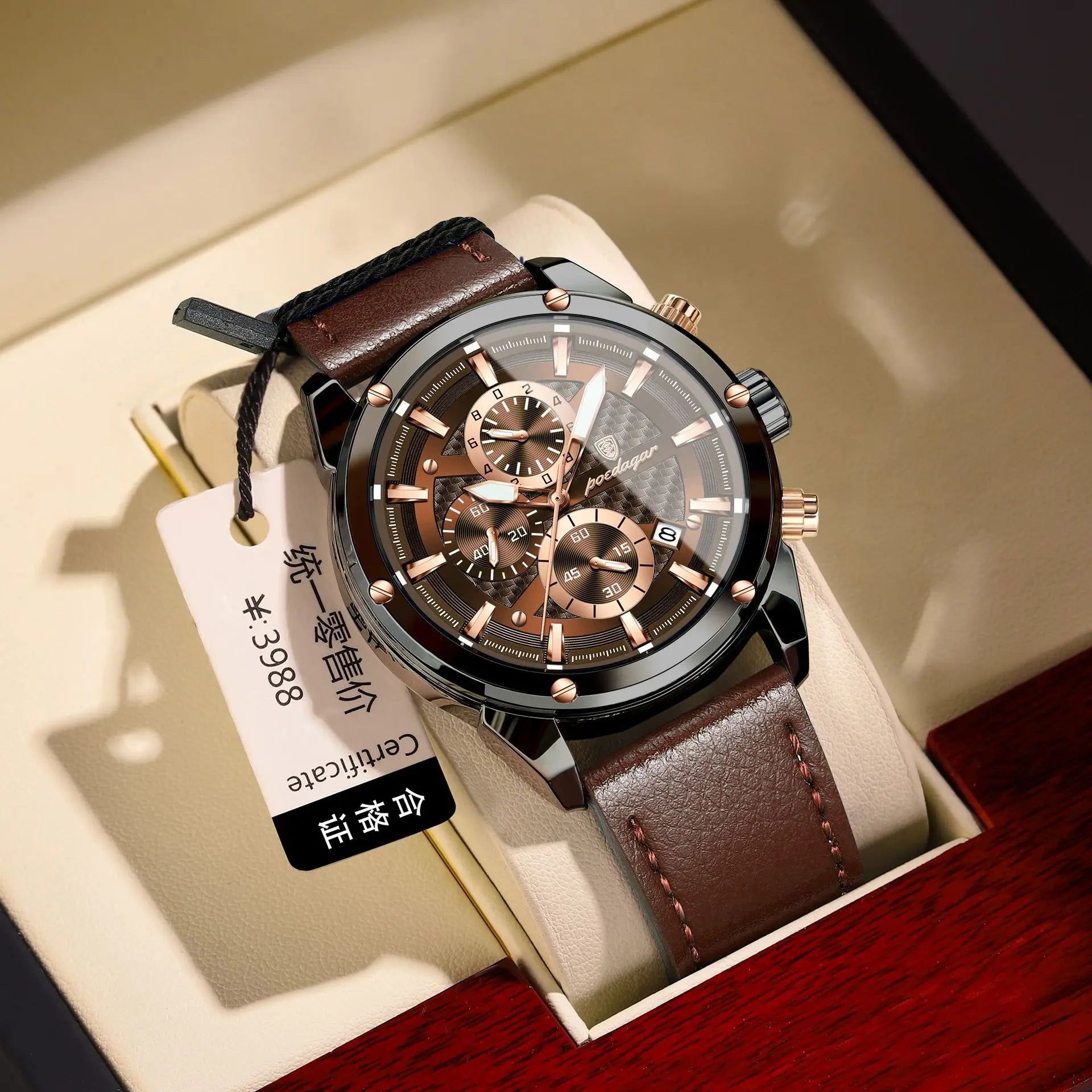 POEDAGAR 860 Fashion Blue Dial Silver Case Multifunction Chronograph Luxury Leather Quartz Watches for Men Business Mens Gift