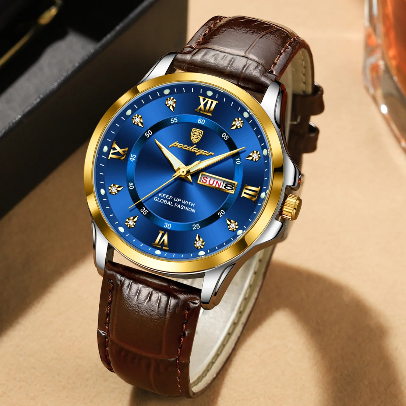 POEDAGAR 855 Watches Men Brown Genuine Leather Quartz Movement New Arrival Waterproof Luminous Casual Business Luxury Wristwatch