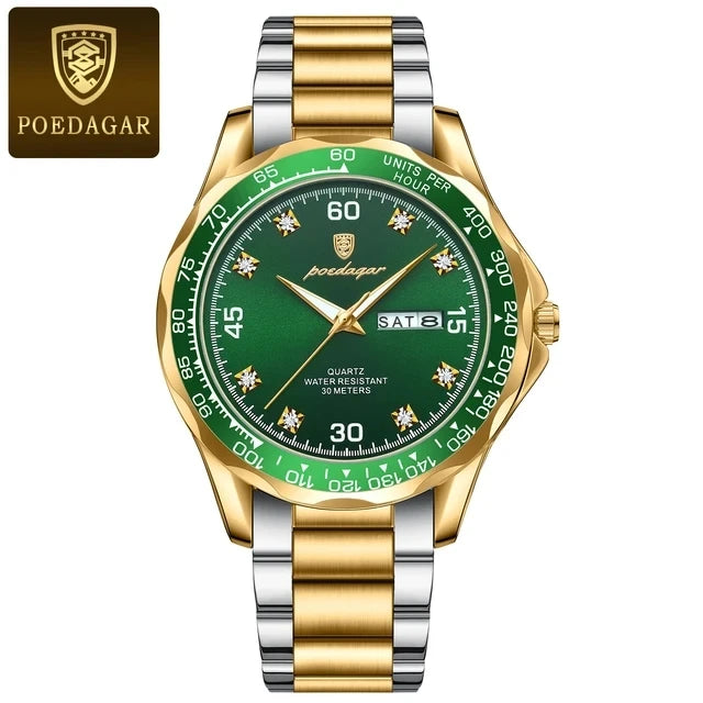 POEDAGAR Top 41mm Quartz Male Wristwatch Waterproof Luminous Date Week Watch for Men Stainless Steel Sport Men's Watches
