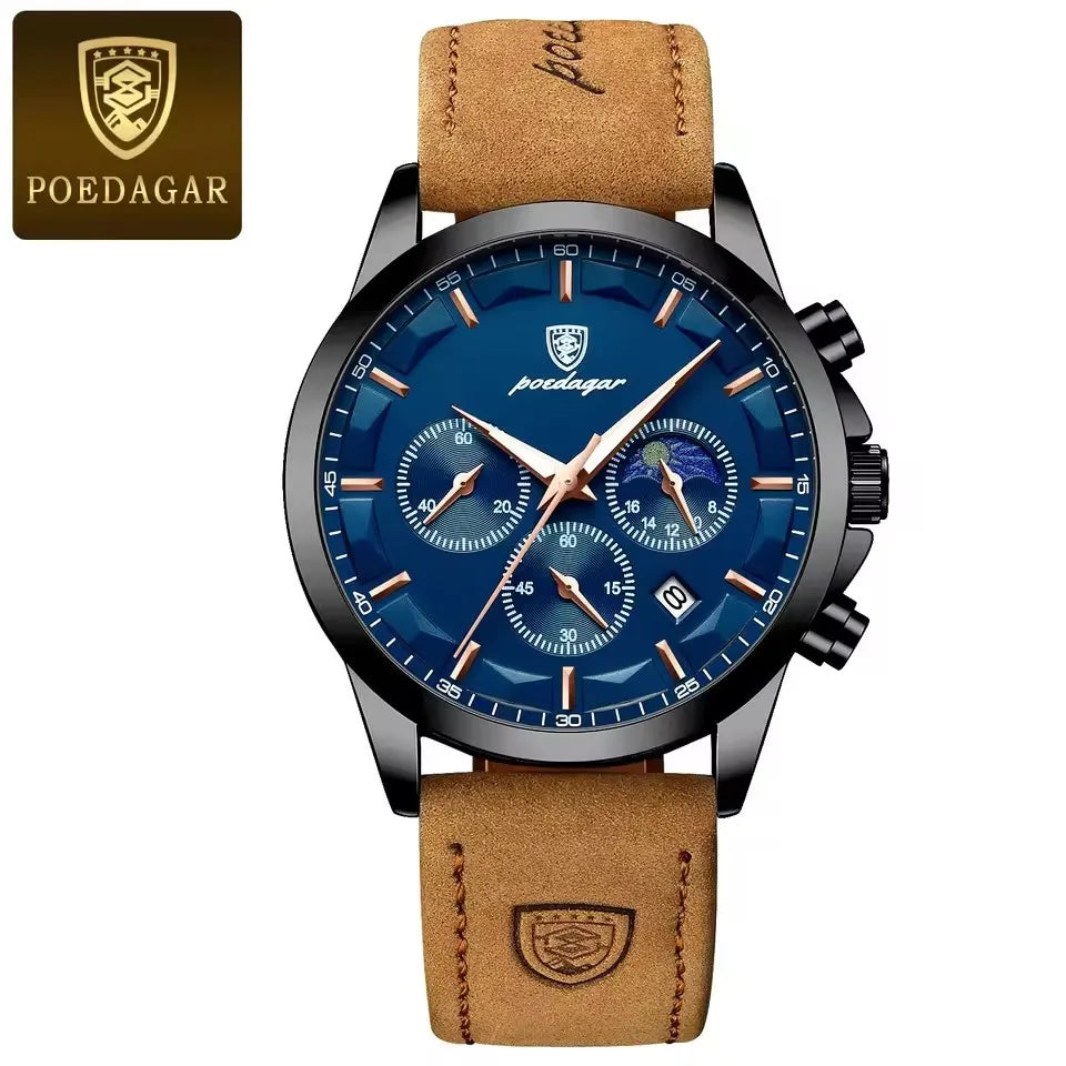 POEDAGAR 928 Men Multifunction Waterproof Watch Chronograph Stainless Steel Case Leather Strap Man Business Sport Quartz Watches