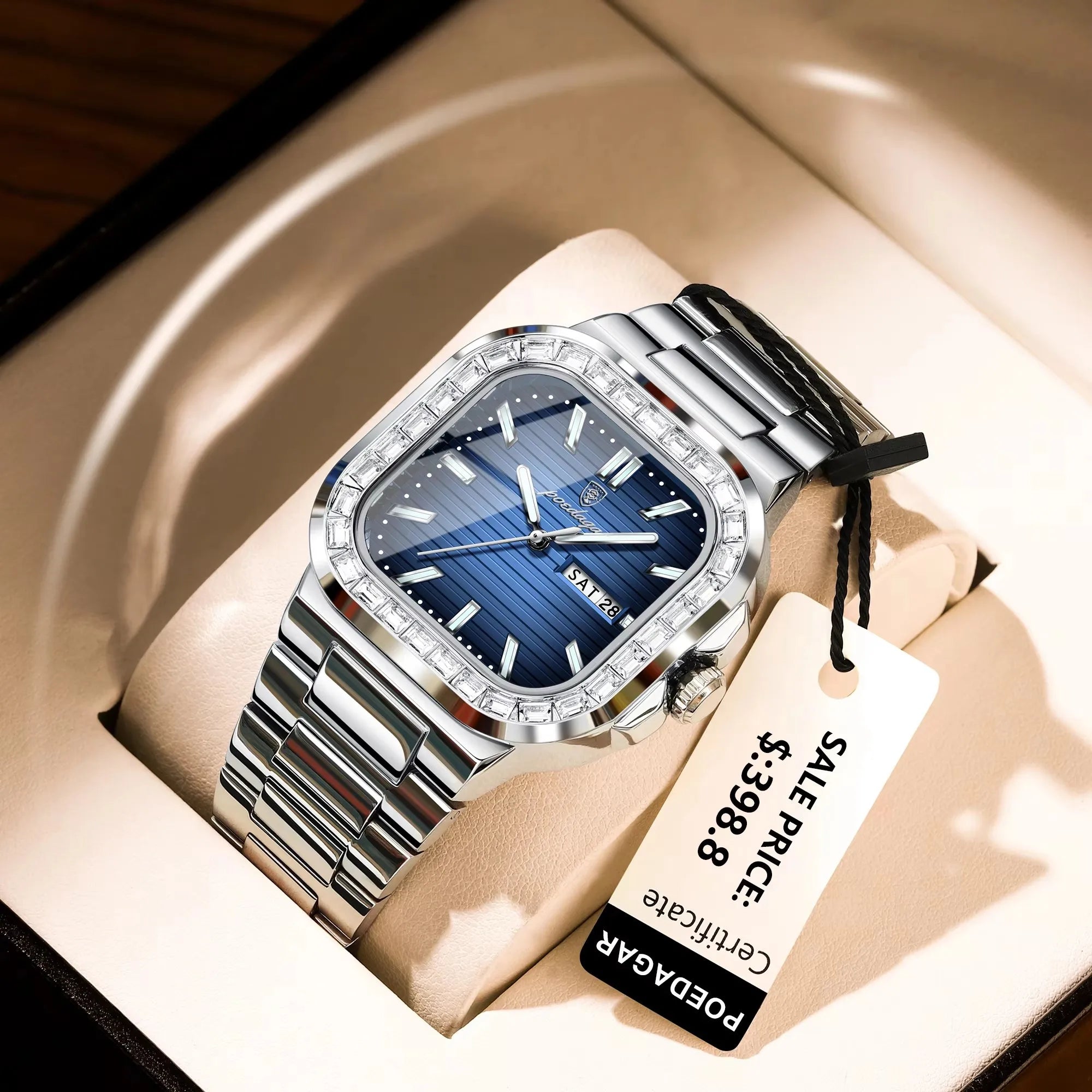 POEDAGAR New Luxury Gold Blue Quartz Watch for Men Stainless Steel Waterproof Luminous Date Week Fashion Square Men's Watches