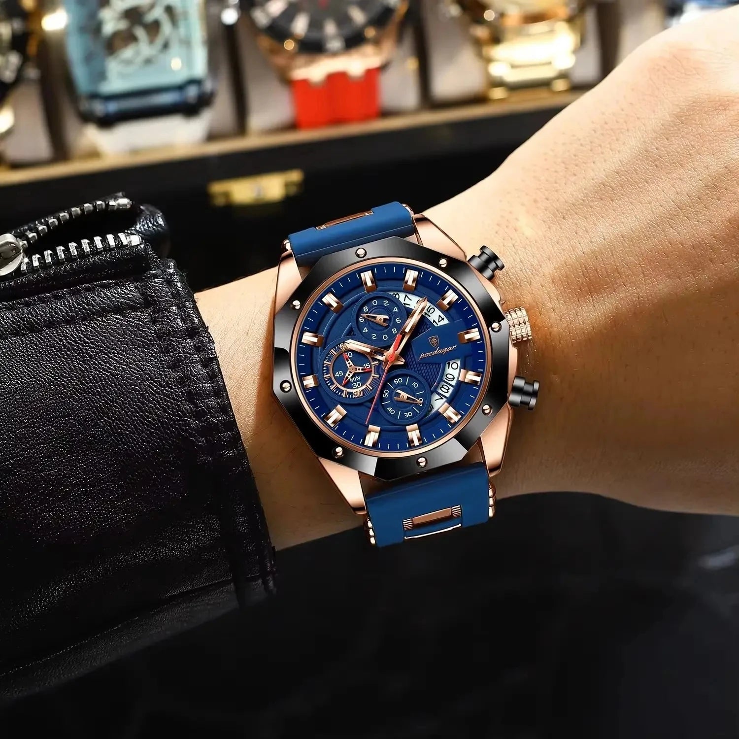 POEDAGAR 913 Men Night Light Watch Waterproof Luminous Sport Business Chronograph Blue Silicone Strap Japan Quartz Men's Watches