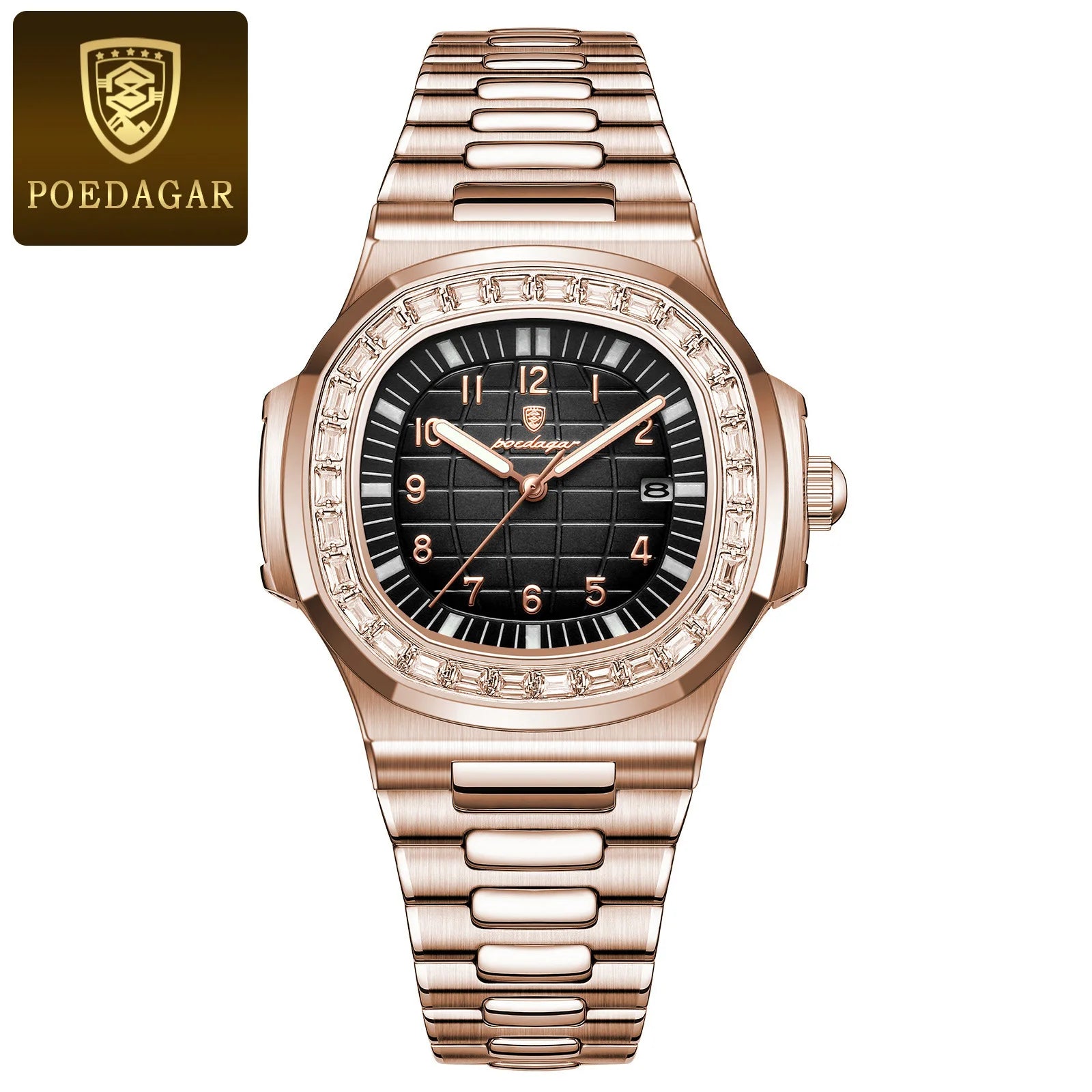Top Brand Poedagar 925 Fashion Casual Rose Gold Square Men Quartz Watch Waterproof Luminous Date Stainless Steel Watch for Men